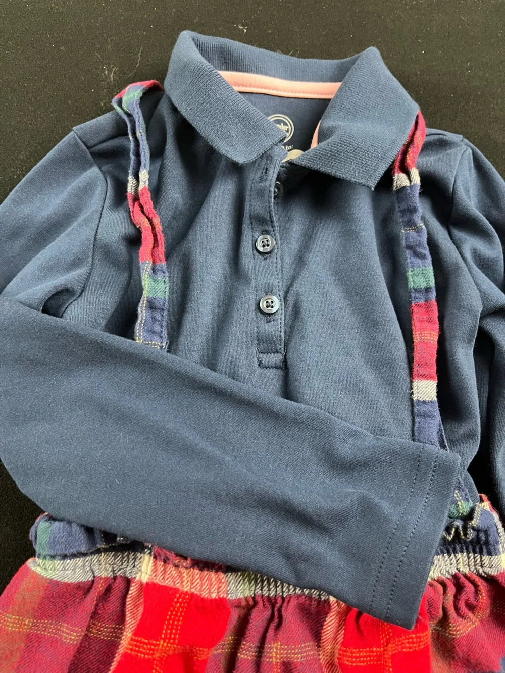 Navy Polo Top with Red & Blue Plaid Suspender Skirt
